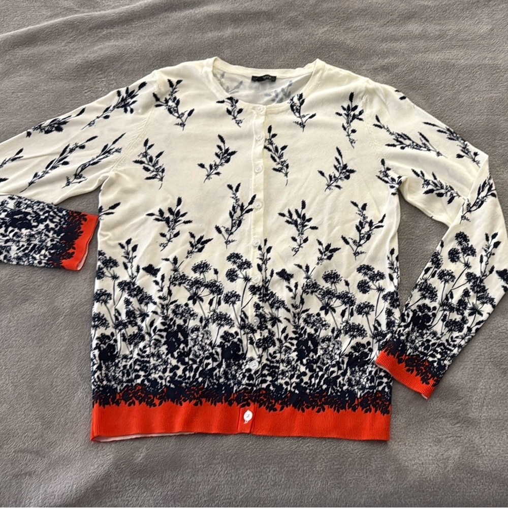 Talbots Cream and Navy Floral Cardigan with Red Trim